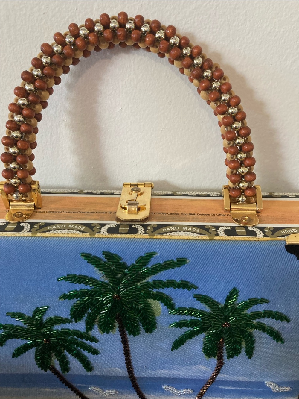 Braciano Cigar Box Purse Hand-Beaded Tropical Beach Palm Tree Top-Handle - Picture 2 of 11